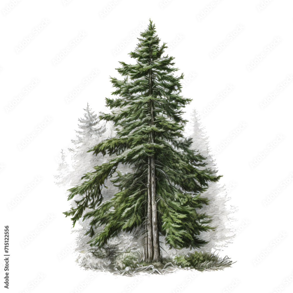 painting of green fir isolated against transparent background