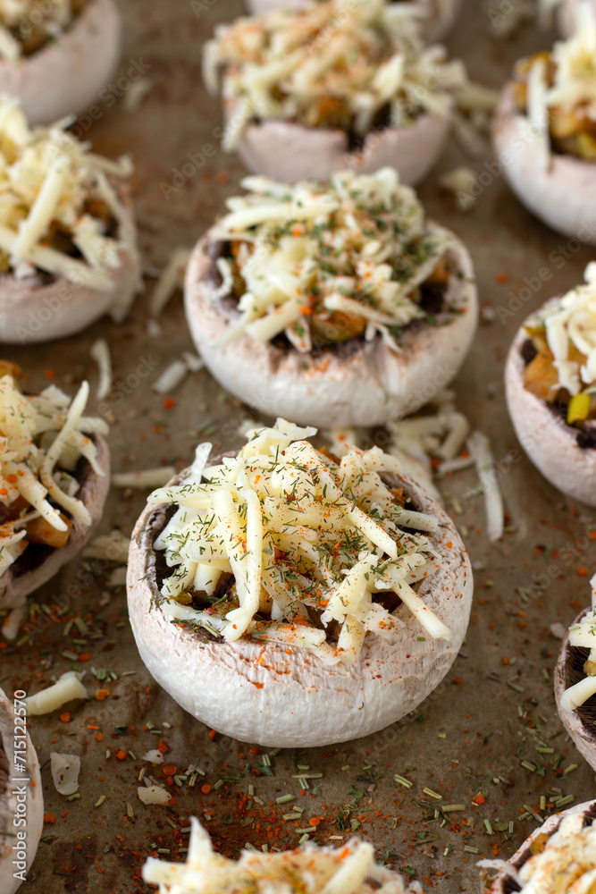 Stuffed mushrooms with grated cheese and vegetables prepared for baking. Preparation of spicy party appetizer food. Selective focus. Stuffed mushrooms with grated cheese and vegetables prepared for baking. Preparation of spicy party appetizer food. Selective focus.