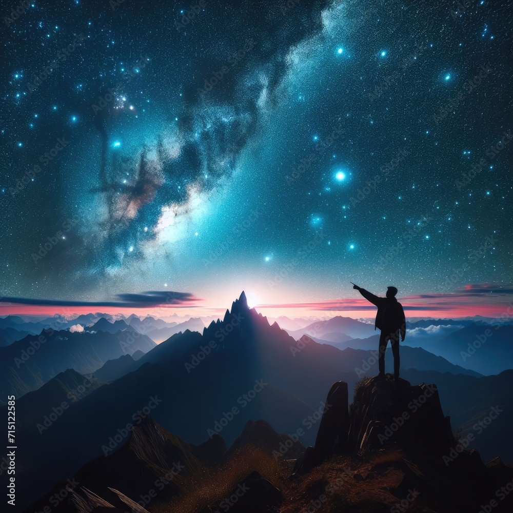 Fototapeta premium Silhouette of a person on the top of the mountain pointing to the stars.