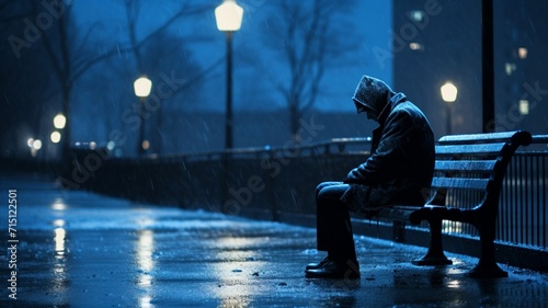 A lonely depressed person sitting bench blue Monday background