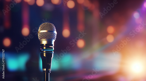 A lavalier microphone on a speaker's lapel in a conference hall, 3D illustration