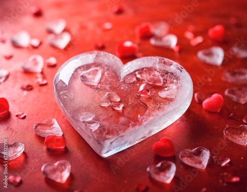 Red heart on ice cubes. Valentines day background. Love concept.