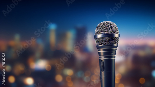 A reporter handheld microphone against a backdrop of a blurred cityscape at night. 3D rendering