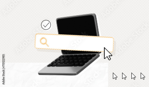 Trendy Halftone Collage Laptop with Search bar and cursor. Cutout paper elements. Online search job. Vector retro modern illustration. Dotted pop art style. Cutout magazine shapes