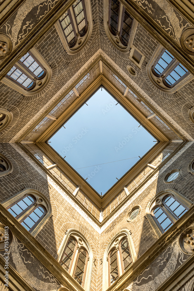 Florence, Italy - July 2023, 15: The courtyard of the Palazzo Medici Riccardi, designed by Michelozzo di Bartolomeo and built between 1444 and 1484