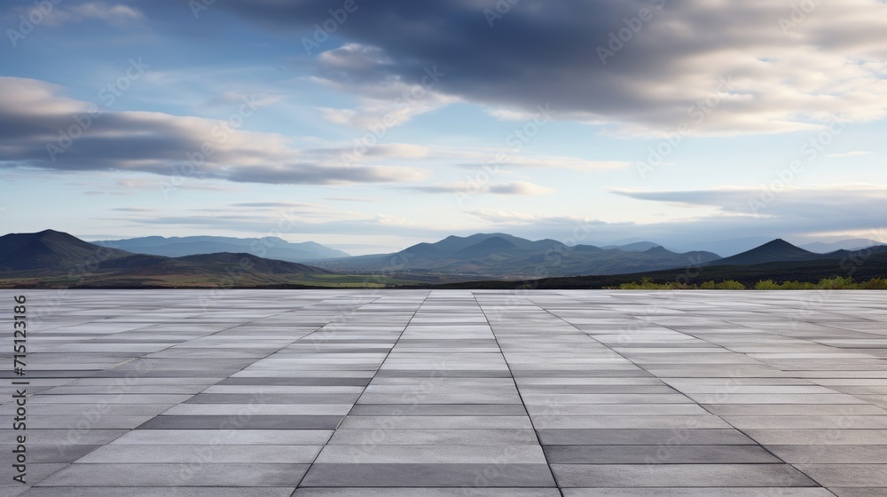 Empty square of paving slabs in wide, expansive, outdoor area, cloudy sky, and distant hills, surreal theme.