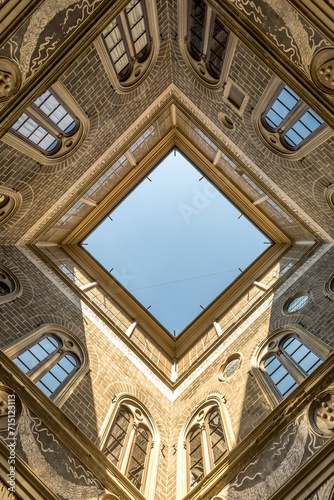 Florence, Italy - July 2023, 15: The courtyard of the Palazzo Medici Riccardi, designed by Michelozzo di Bartolomeo and built between 1444 and 1484