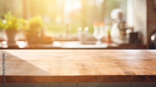 Rustic wooden worktop, blurred low contrast kitchen in background, sunshine rays 