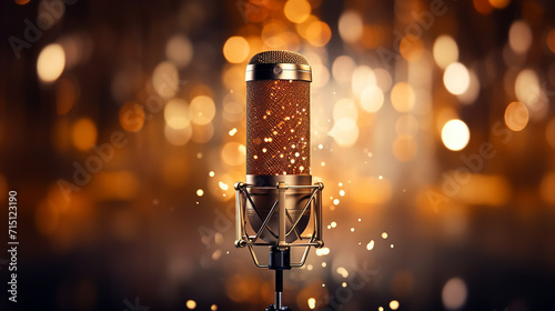 3D illustration of microphone with a golden reflector in a professional photo shoot setting,