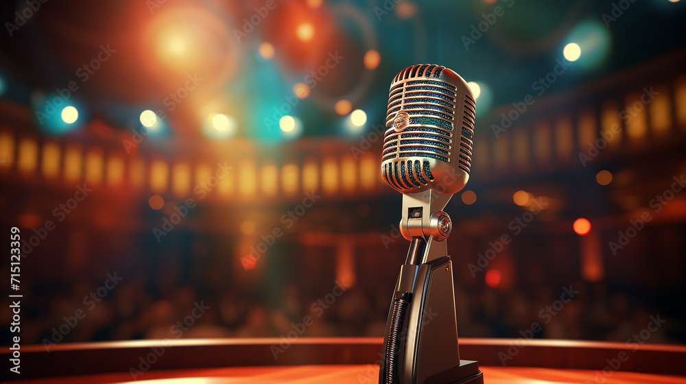 A vintage pill microphone on a TV talk show set, with camera equipment and stage. 3D rendering - obrazy, fototapety, plakaty 