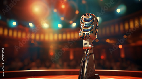 A vintage pill microphone on a TV talk show set, with camera equipment and stage. 3D rendering