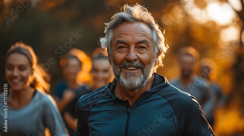 older man running on a course with women. portrait of a man