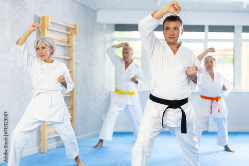 Diligent middle-aged man attendee of karate classes practicing kata standing in row with others in sports hall