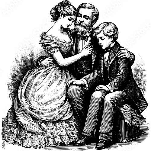 Vintage Family Portrait With Father Hugging His Children