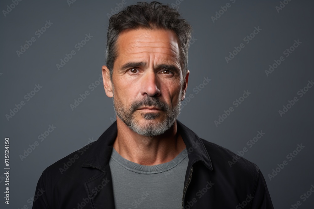 Handsome middle age man with beard and mustache looking at camera on grey background Handsome middle age man with beard and mustache looking at camera on grey background