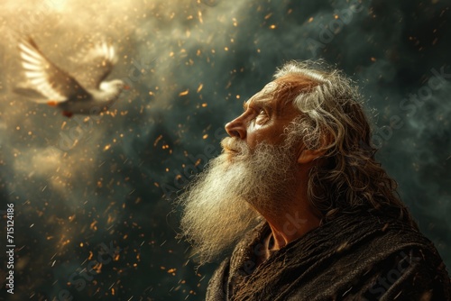 Poignant portrait biblical figure Noah stands hopeful anticipation, eyes fixed on horizon. Patiently waiting improved weather, he yearns for return of dove, embodying Christian faith and resilience
