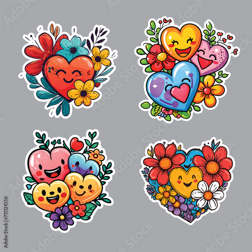 Cartoon heart and flowers stickers collection with smiley faces ilustration 