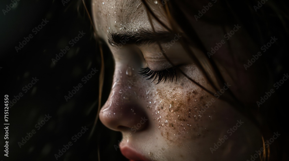 Eyes with tears of a crying girl. Close-up