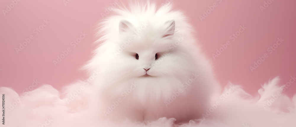 Fluffy White Angora Rabbit on Pink Background Fluffy White Angora Rabbit on Pink Background