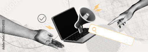 Trendy retro Halftone Collage with Megaphone, Laptop and Hands. Social media news and promotions. Search online job vacancy. Concept of career and business. Contemporary vector illustration art