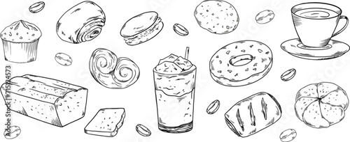 Bakery hadpainted illustrations set banner black and white beige coffee, buns, beans cake, donut, maffin, cookie, cappuccino, latte