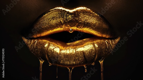 Gold expensive lips, girl sexy mouth background. Golden lipstick with drop of gold. Glamour fashion cosmetic for woman. Gold drip on lip. Glossy luxury mouth