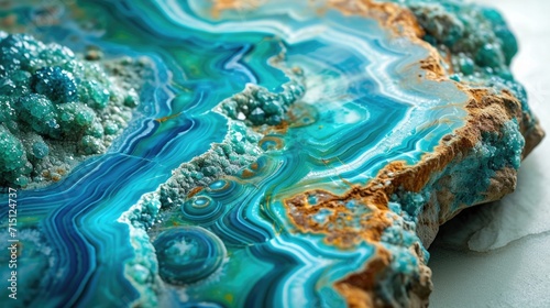 Vivid Chrysocolla with its striking blue-green patterns, elegantly contrasting with a pure white environment photo
