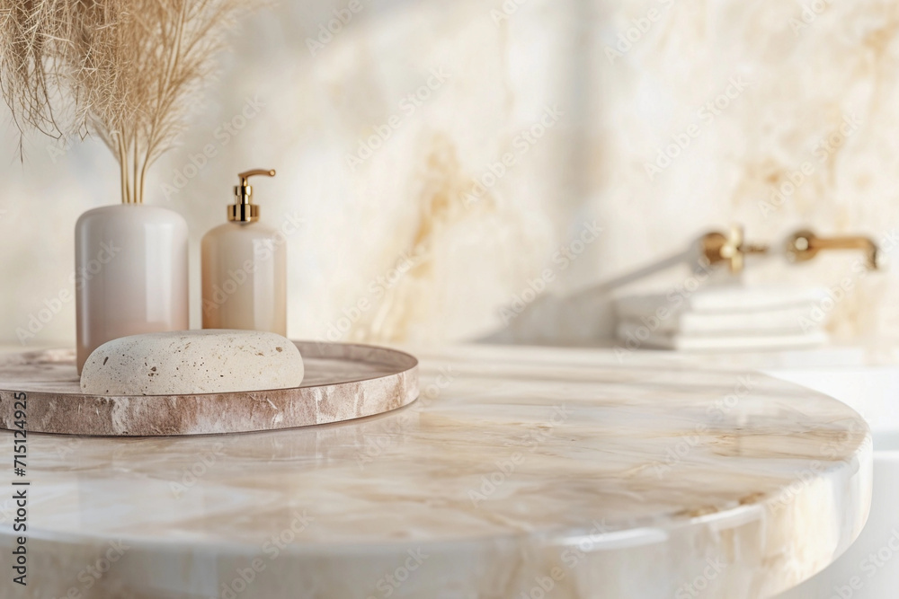 A round marble table in a modern bathroom with blurred wall background. Round stand for cosmetic products. A round marble table in a modern bathroom with blurred wall background. Round stand for cosmetic products.