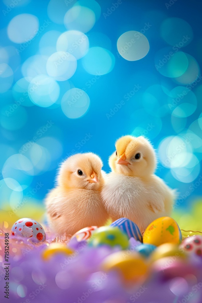 AI generated illustration of two cute baby chicks surrounded by vibrant Easter eggs