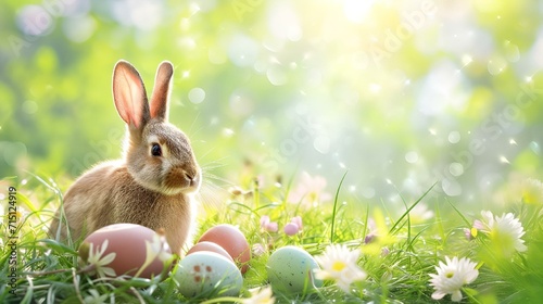 AI generated illustration of Easter bunny amidst grass with colorful eggs nearby © Wirestock