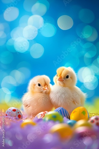 AI generated illustration of two cute baby chicks surrounded by vibrant Easter eggs © Wirestock