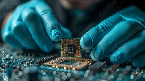 cpu technology engineer holding cpu under microscope