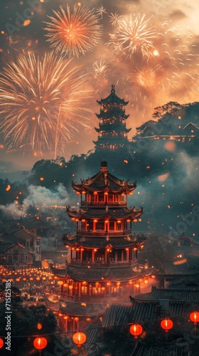 Temple Fair with Fireworks: Chinese New Year: A stunning shot of a temple fair at night, with fireworks illuminating the sky in the background