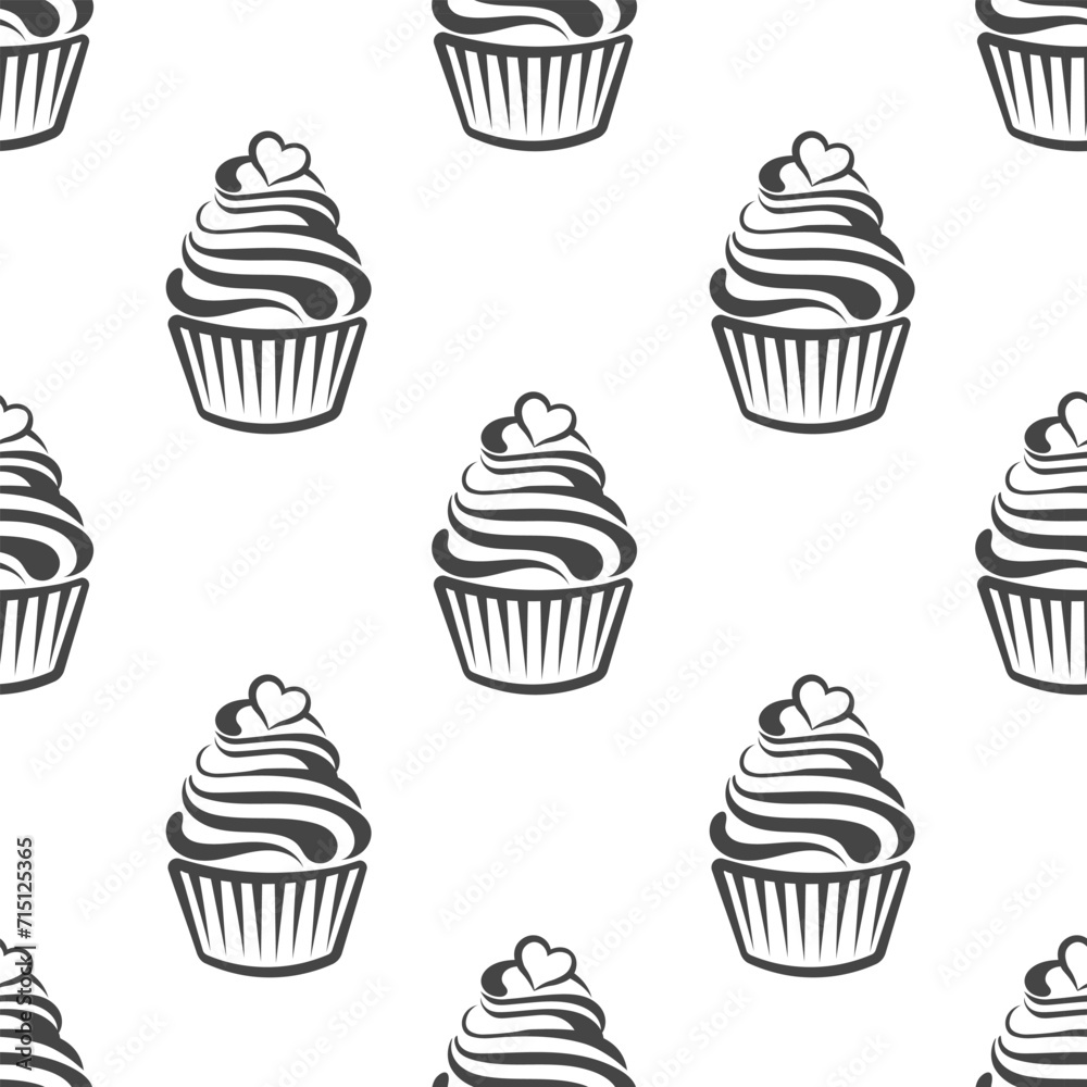 Seamless pattern, linear silhouettes of cupcakes, line art on a white background. Sweet desserts. Food background, vector Seamless pattern, linear silhouettes of cupcakes, line art on a white background. Sweet desserts. Food background, vector