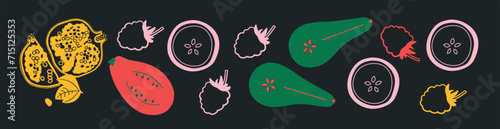 Cute appetizing Fruits and berries collection. Decorative abstract horizontal banner with colorful doodles. Hand-drawn modern illustrations with Fruits and berries, abstract elements.
