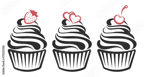 Set of linear cupcake silhouettes  line art  clipart isolated on white background. Sweet desserts. Food illustration  vector