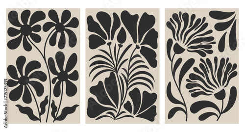 Set of wall posters. Mid century modern tapestries with bohemian flowers and plants. Retro Bauhaus wall art, botanical print, vector