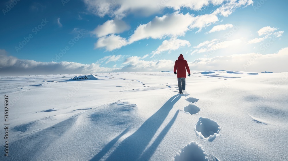 Woman spending wintertime holidays in the mountains covered with beautiful white snow, standing on the top of mountain and enjoying amazing winter landscape..