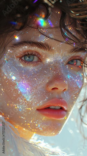 Beauty, cosmetics and makeup. Magic eyes look with bright creative make-up. Macro shot of beautiful woman's face with perfect art make up with glitter. AI Generative