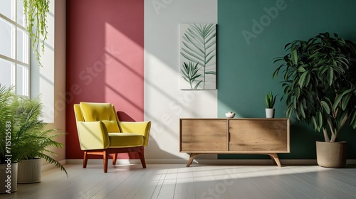 Uma sala de estar para descanso com paleta colorida, possui poltrona amarela e aparador em madeira photo