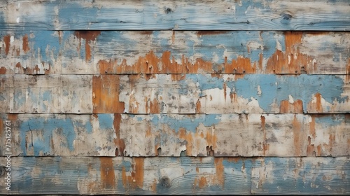 Photo patterned background of peeling light blue paint off wooden cladding