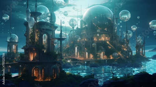 A futuristic underwater city with transparent domes showcasing marine life