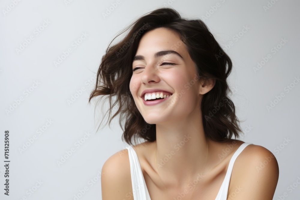 Portrait of a beautiful young woman with long brown hair on gray background Portrait of a beautiful young woman with long brown hair on gray background