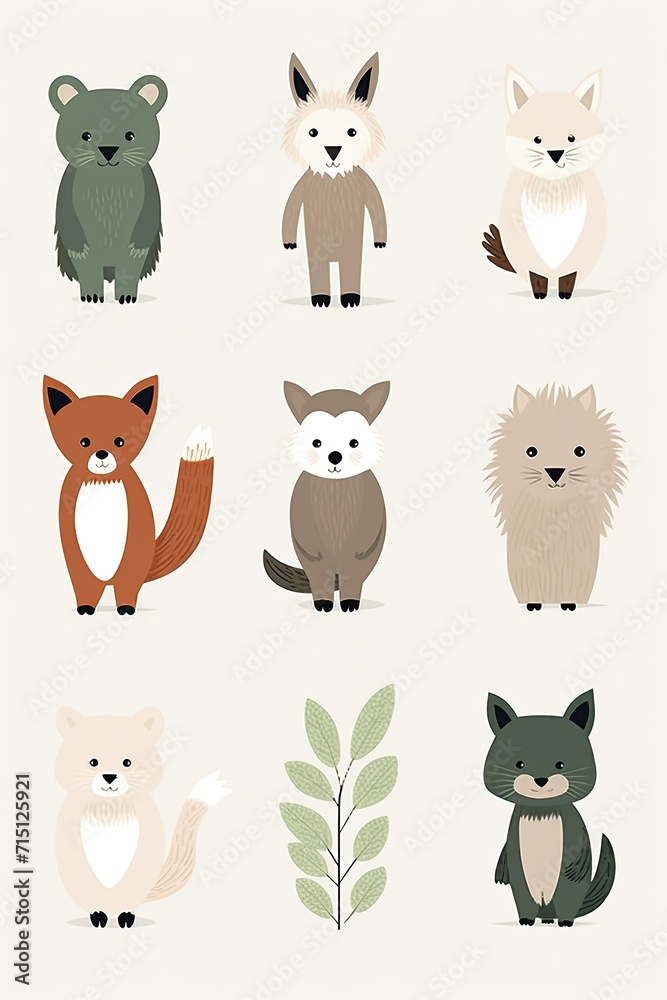 Fototapeta premium Minimalist Forest Animals Scaninavian Style Illustration Set