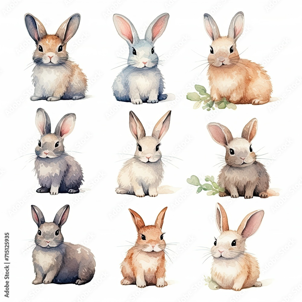 Watercolor Bunny Illustrations in Soft Pastel Tones and White Background