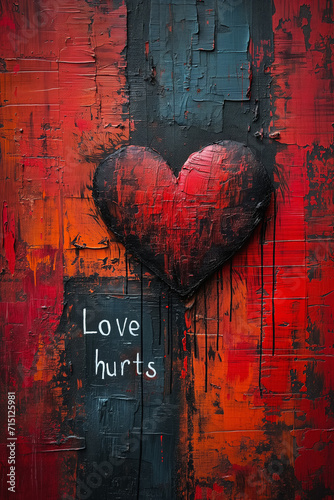 Abstract art - Love hurts - painting of a heart and text - done with red and dark colors