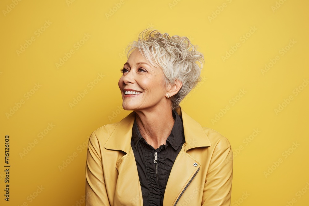Portrait of happy senior woman in yellow jacket over yellow background. Portrait of happy senior woman in yellow jacket over yellow background.