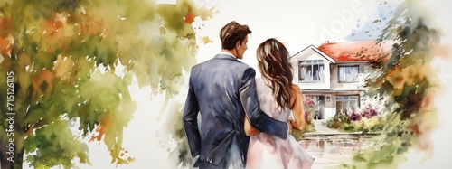 Young couple looking up at ther first house together, impressionistic, romantic style, white background