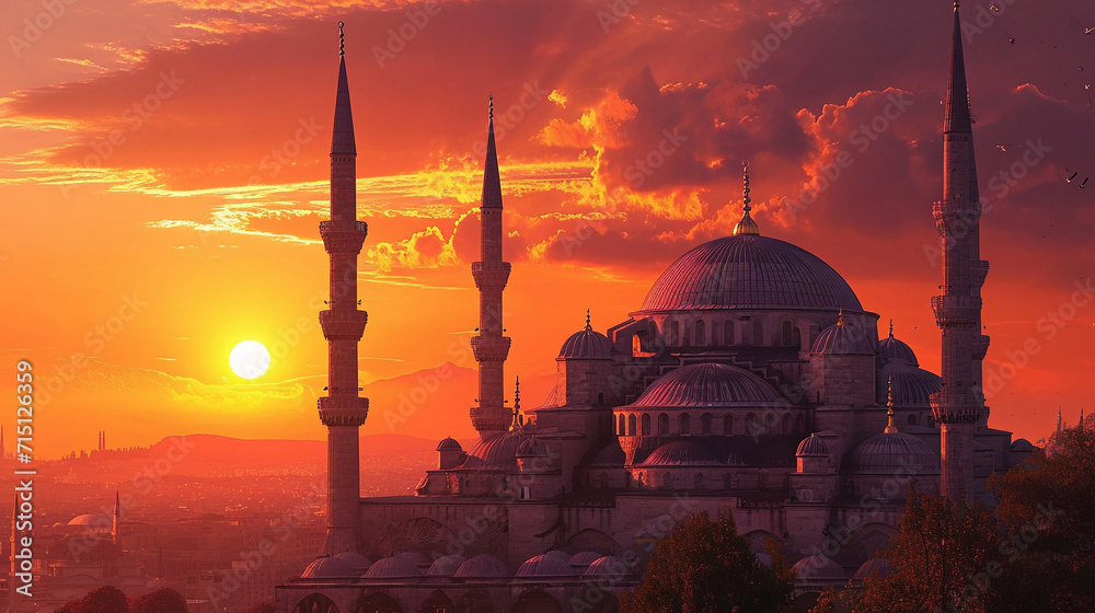 Obraz premium Combine Turkish architectural elements with cosmic structures, such as domes and minarets reaching into the cosmos, merging traditional and futuristic aesthetics. Generative AI