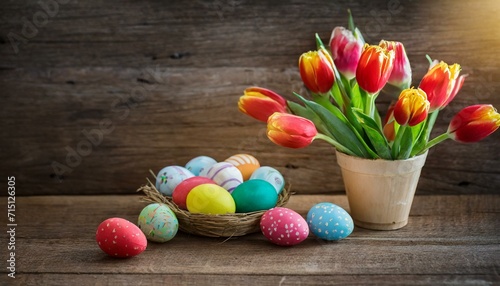 easter still life with tulips and eggs, easter eggs and tulips on wooden background, Easter eggs, and whimsical Easter-themed flat lay on a wooden table, featuring a mix of vibrant tulips,